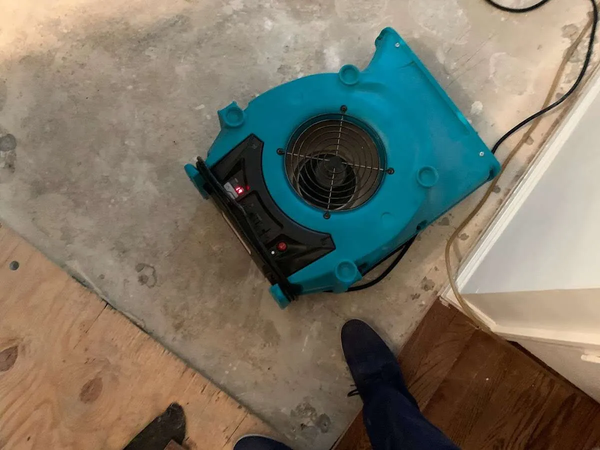 Air mover drying subfloor during Commercial Water Damage Restoration in Wayland